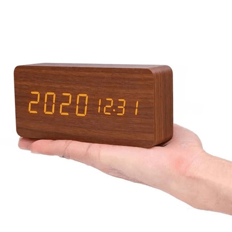 Drewniany Zegar LED WoodSense Sterowany Głosem Full