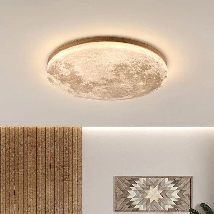 Minimalistyczna Drewniana Lampa Sufitowa LED Księżyc Okrągła Close Up