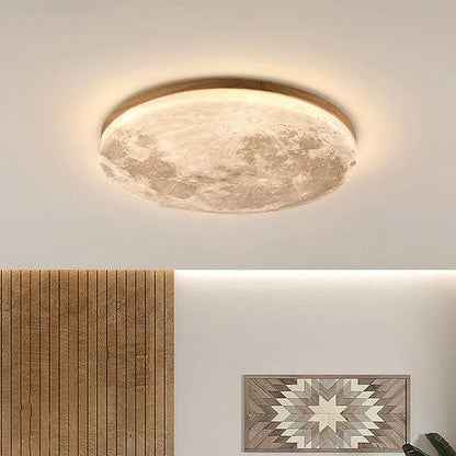 Minimalistyczna Drewniana Lampa Sufitowa LED Księżyc Okrągła Close Up