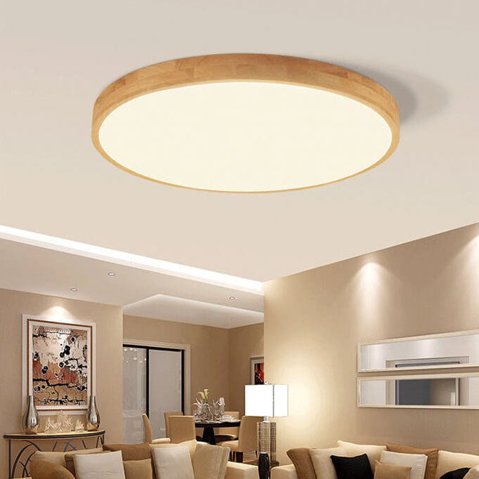 Nordic Solid Wood Round Ultra-Thin LED Flush Mount Ceiling Light Front