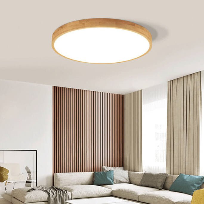 Nordic Solid Wood Round Ultra-Thin LED Flush Mount Ceiling Light View 19