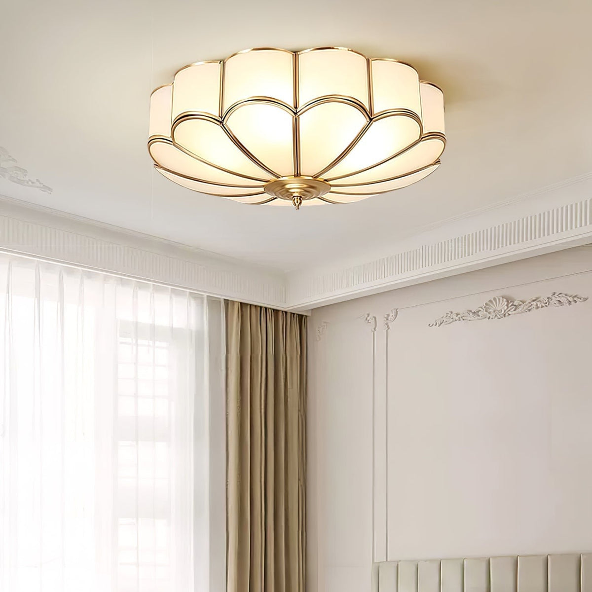 Retro Lampa Sufitowa Kwiat Mrożone Szkło Mosiądz Full