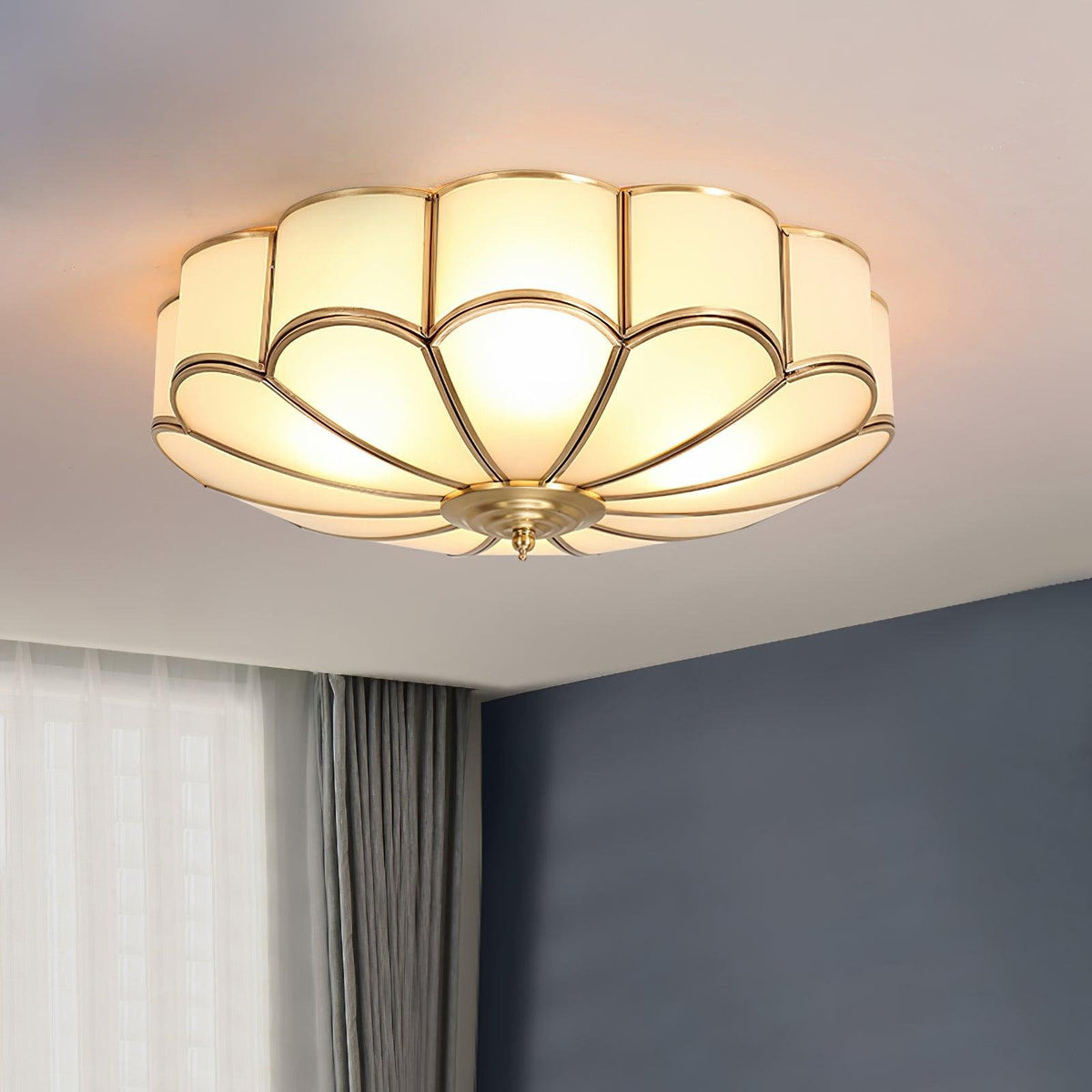 Retro Lampa Sufitowa Kwiat Mrożone Szkło Mosiądz View 11