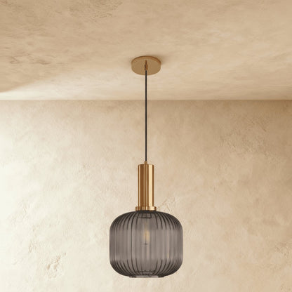 Retro Mosiężna Lampa Wisząca z Ryflowanym Kloszem View 11