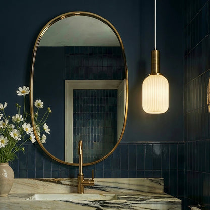 Retro Mosiężna Lampa Wisząca z Ryflowanym Kloszem View 13