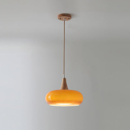 Skandynawska Drewniana Lampa Wisząca z Bursztynowym Kloszem Front