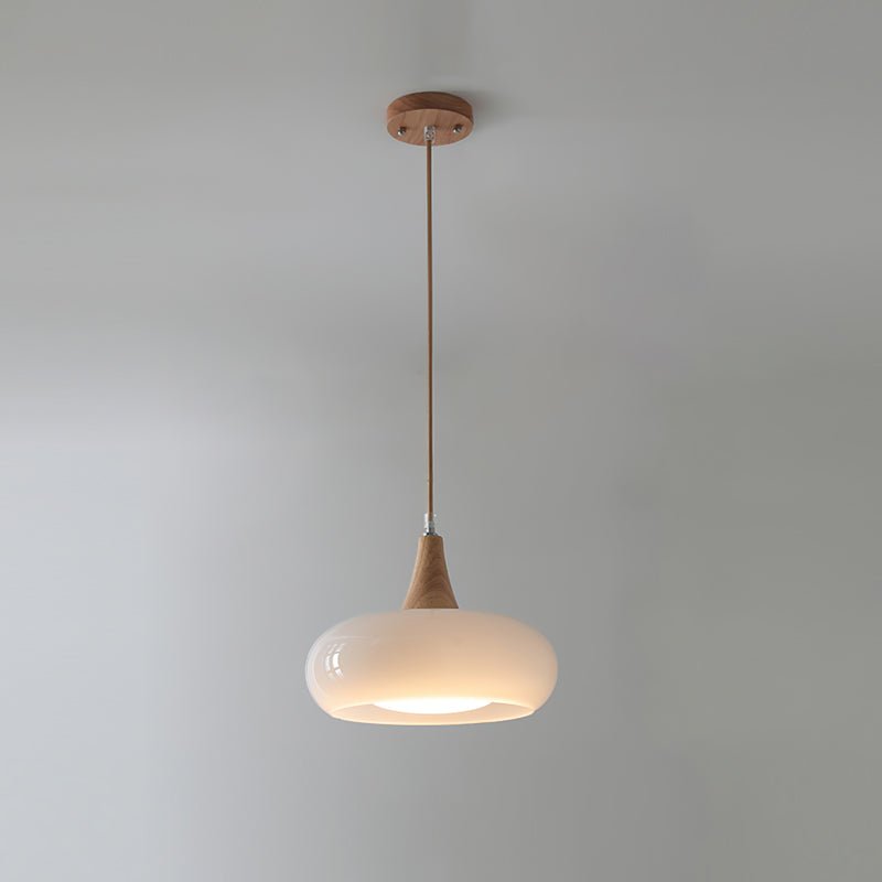 Skandynawska Drewniana Lampa Wisząca z Bursztynowym Kloszem Full