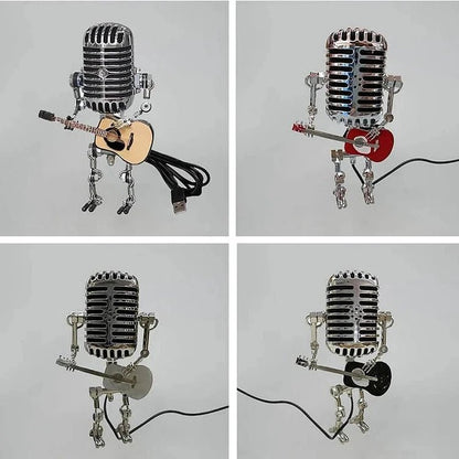 Stary metalowy robot z mikrofonem i lampą gitarową Detail