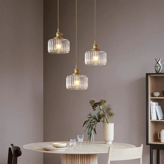 Szklana Lampa Wisząca Vintage Ryflowany Klosz Złote Wykończenie Back