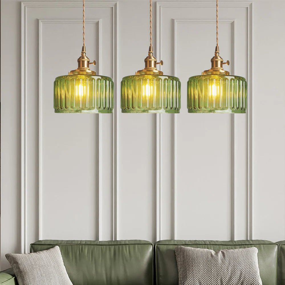 Szklana Lampa Wisząca Vintage Ryflowany Klosz Złote Wykończenie Full