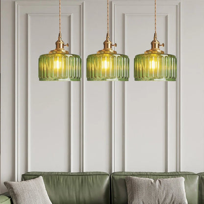Szklana Lampa Wisząca Vintage Ryflowany Klosz Złote Wykończenie Full