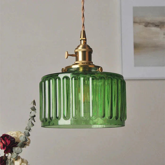 Szklana Lampa Wisząca Vintage Ryflowany Klosz Złote Wykończenie Hero