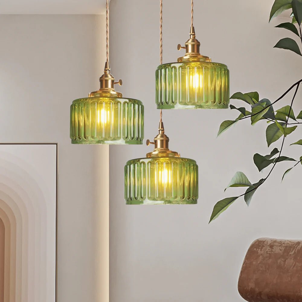 Szklana Lampa Wisząca Vintage Ryflowany Klosz Złote Wykończenie Side