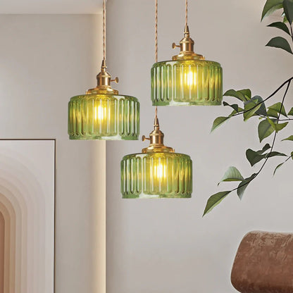 Szklana Lampa Wisząca Vintage Ryflowany Klosz Złote Wykończenie Side