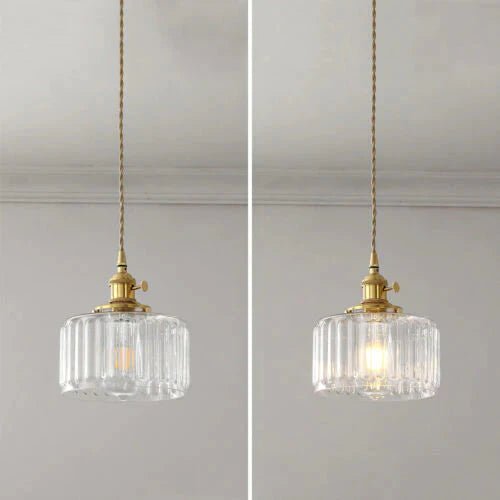 Szklana Lampa Wisząca Vintage Ryflowany Klosz Złote Wykończenie View 14