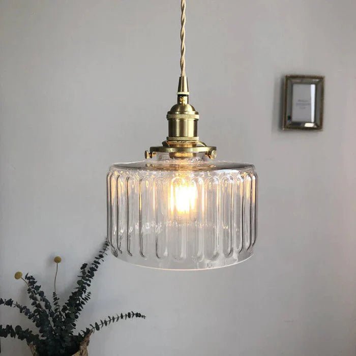 Szklana Lampa Wisząca Vintage Ryflowany Klosz Złote Wykończenie View 26