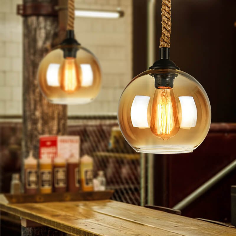 Vintage Szklana Lampa Wisząca na Linie Okrągła Metalowa Hero