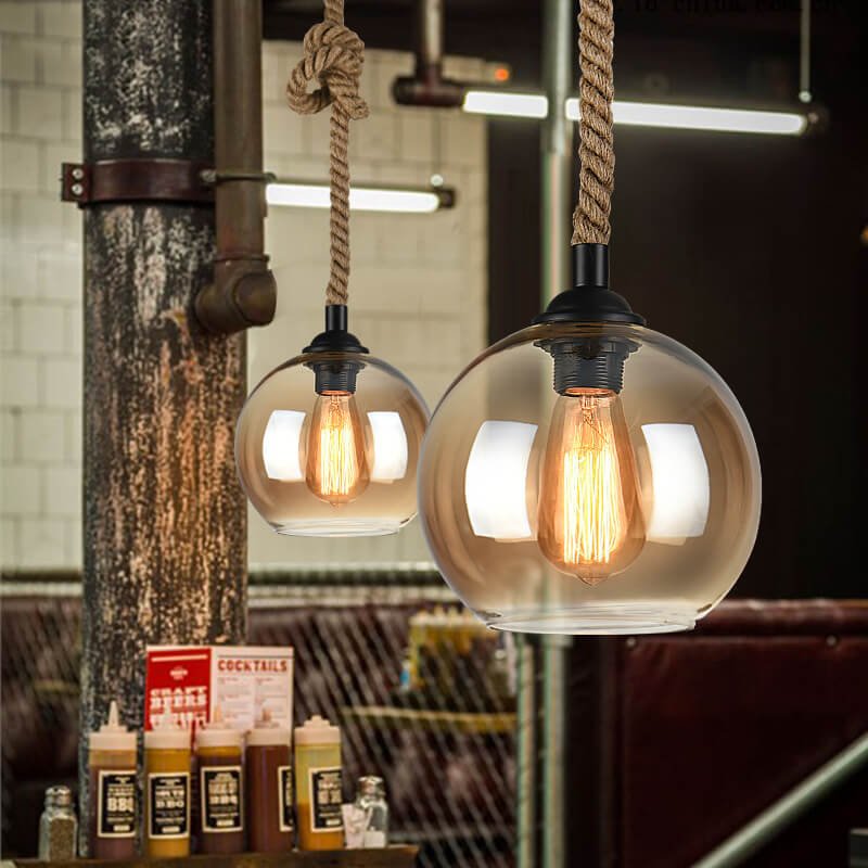 Vintage Szklana Lampa Wisząca na Linie Okrągła Metalowa View 13