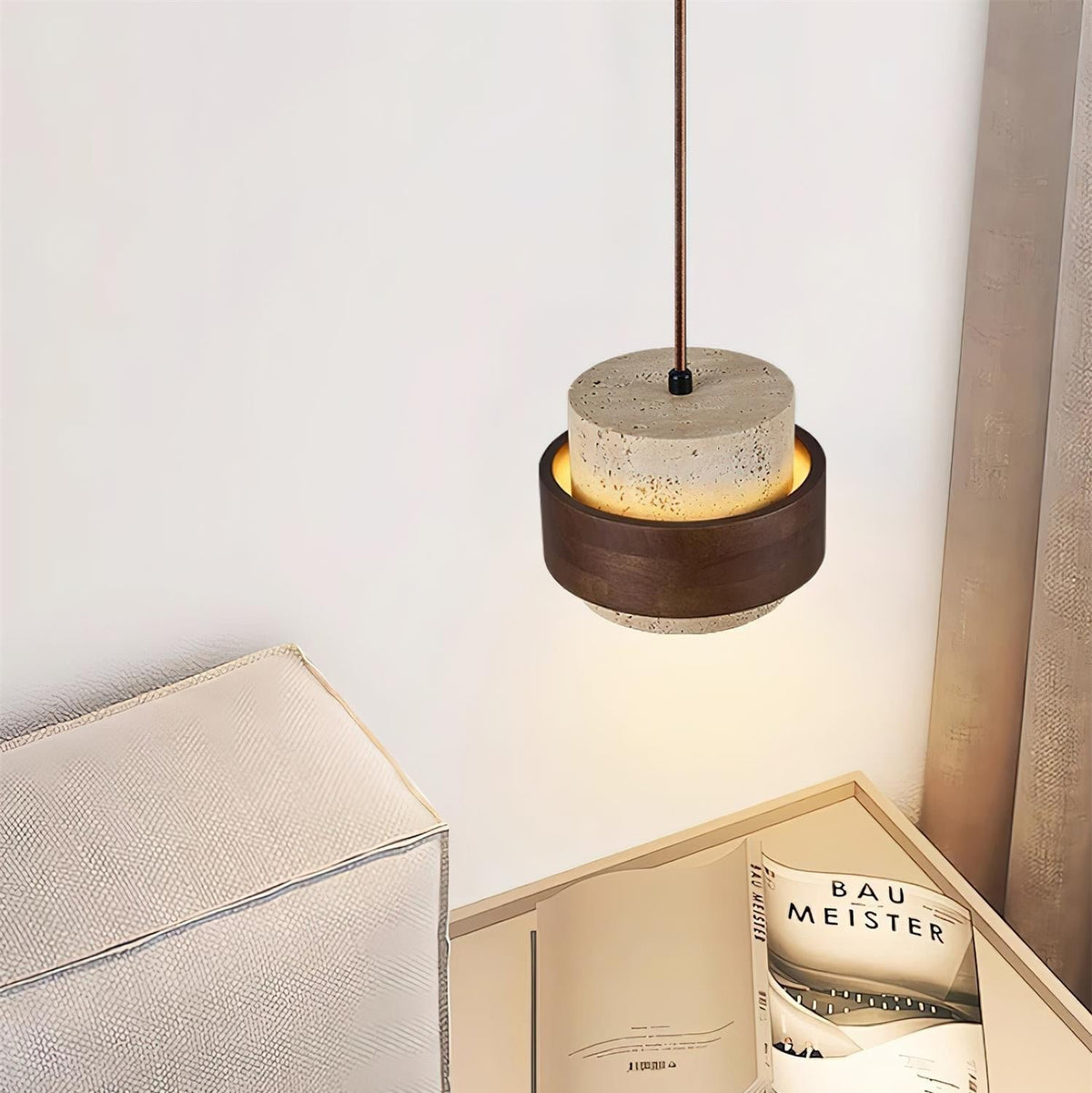 Współczesna Trawertynowa Lampa Wisząca z Drewnem Walnut Back