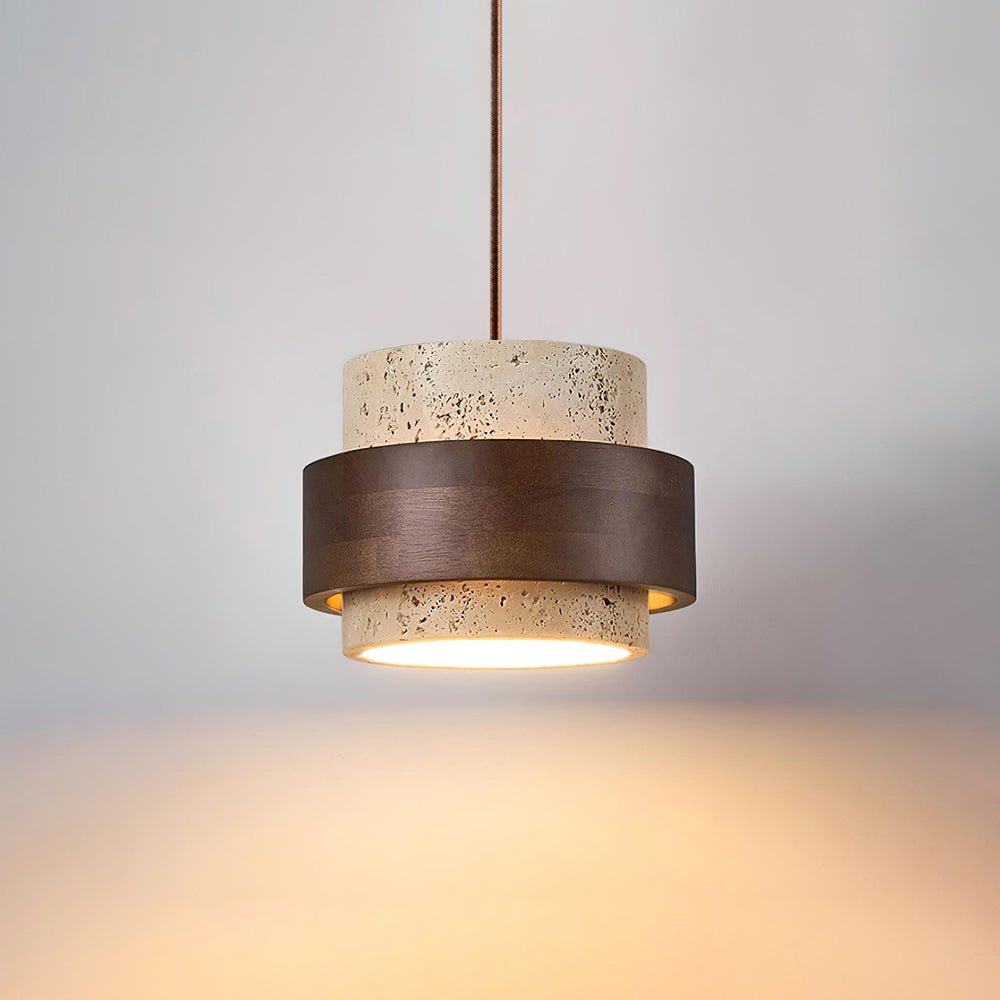 Współczesna Trawertynowa Lampa Wisząca z Drewnem Walnut Front