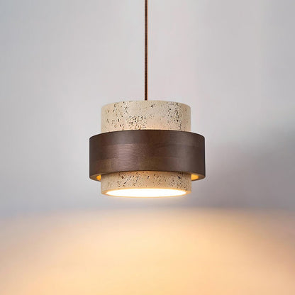 Współczesna Trawertynowa Lampa Wisząca z Drewnem Walnut Front