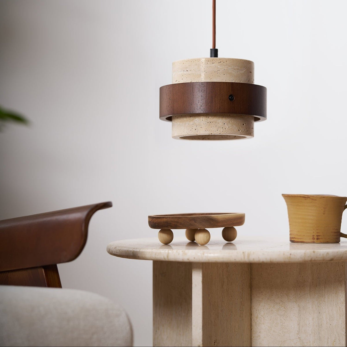 Współczesna Trawertynowa Lampa Wisząca z Drewnem Walnut View 26