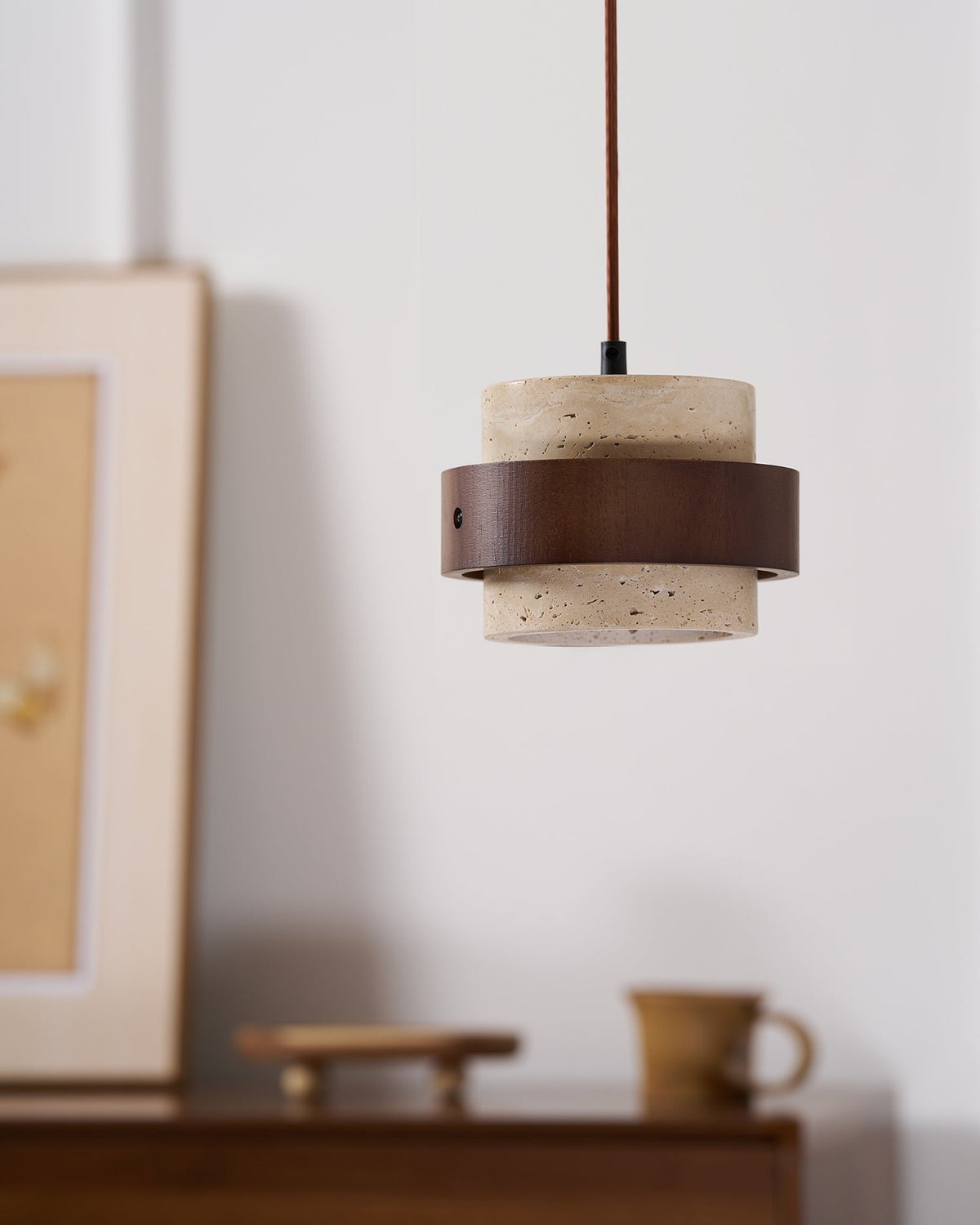 Współczesna Trawertynowa Lampa Wisząca z Drewnem Walnut View 27